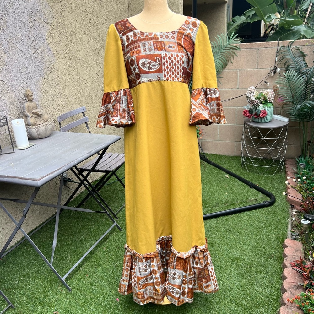 Vintage Bohemian Yellow and Brown Maxi Dress